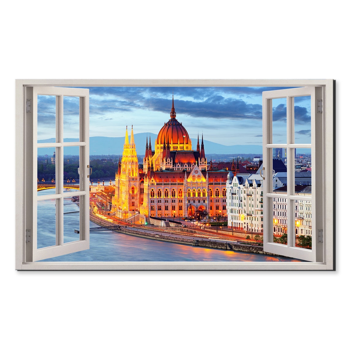Budapest Hungary Parliament Building Dusk Window View Travel Poster