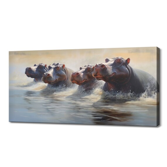 Hippos Charging Through Water Golden Morning Light Painted Wildlife Poster