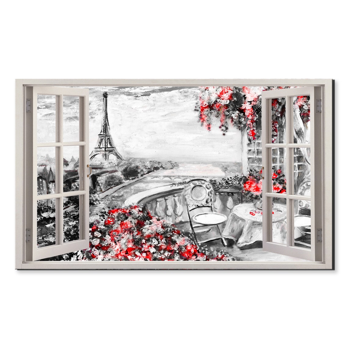Paris Eiffel Tower Terrace Window View Red Roses Cafe Travel Poster