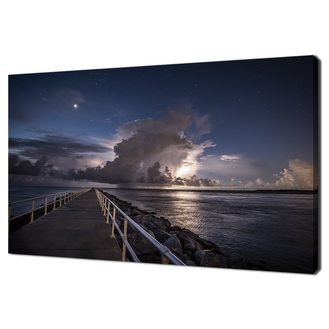 Sea Pier At Dusk Storm Clouds Moonlight Waves Seascape Travel Poster