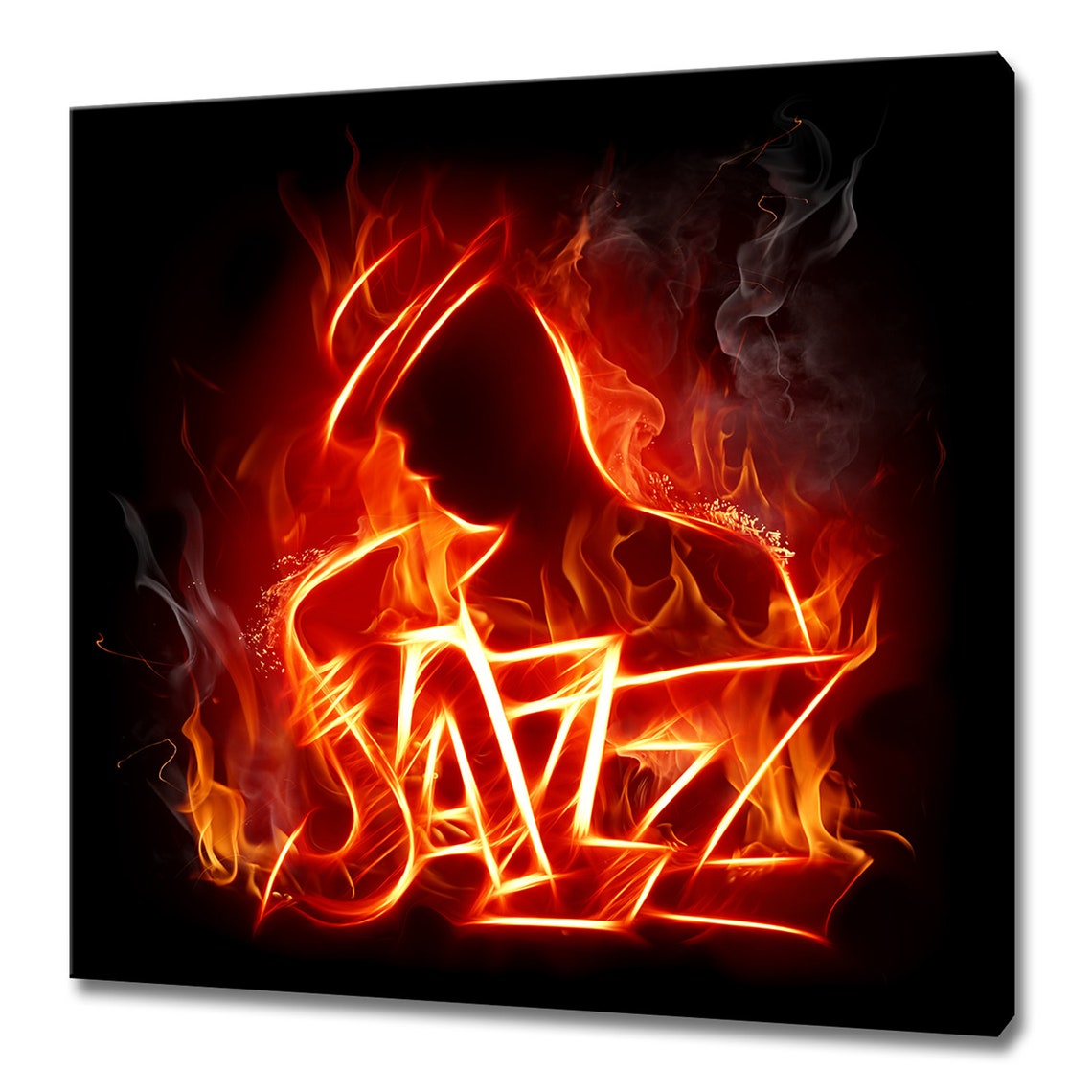 Flaming Jazz Saxophone Player Silhouette Fire Letters Music Art Poster