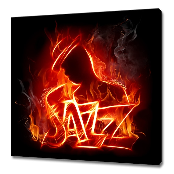 Flaming Jazz Saxophone Player Silhouette Fire Letters Music Art Poster