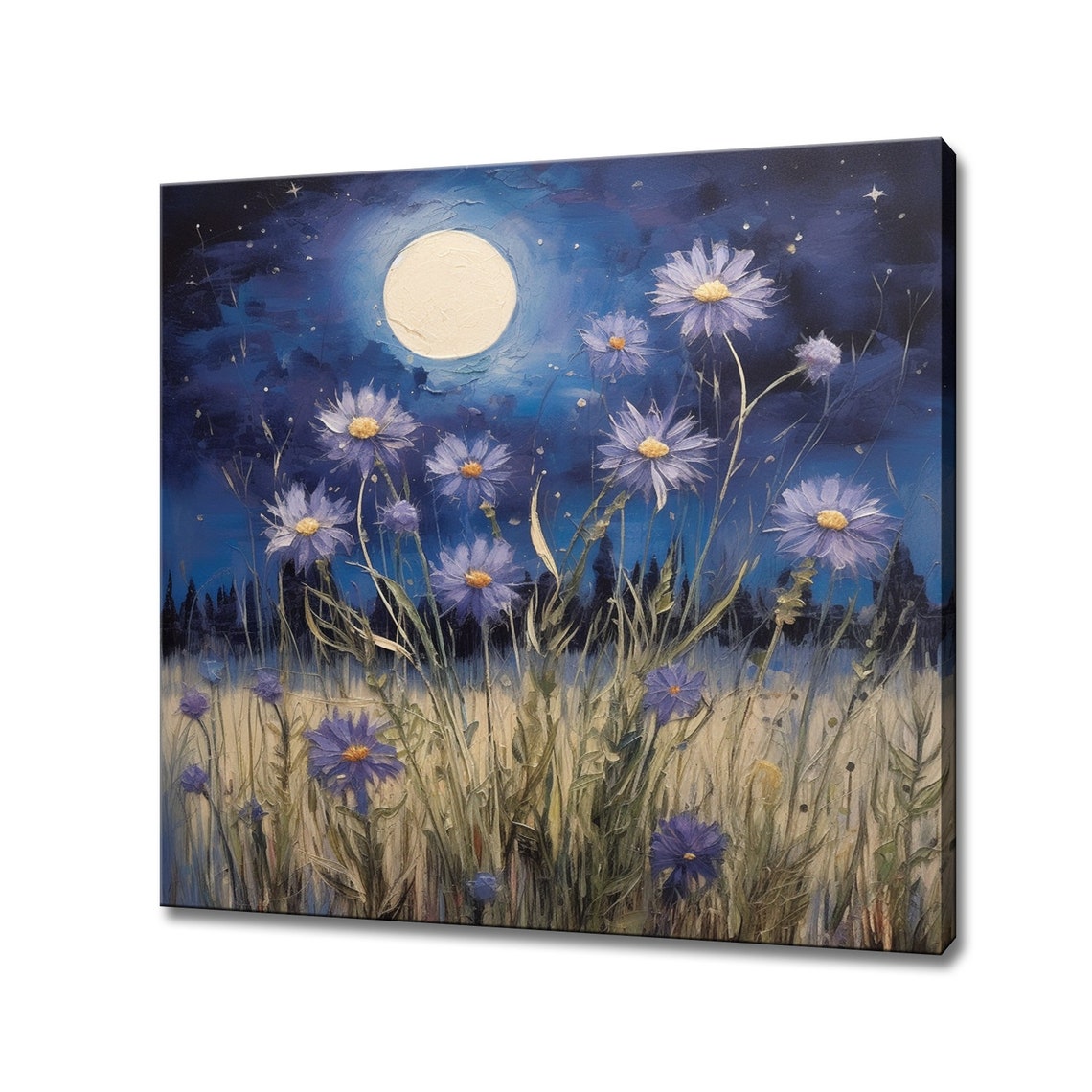 Cornflowers Field Under Full Moonlight Starry Night Wall Art Print