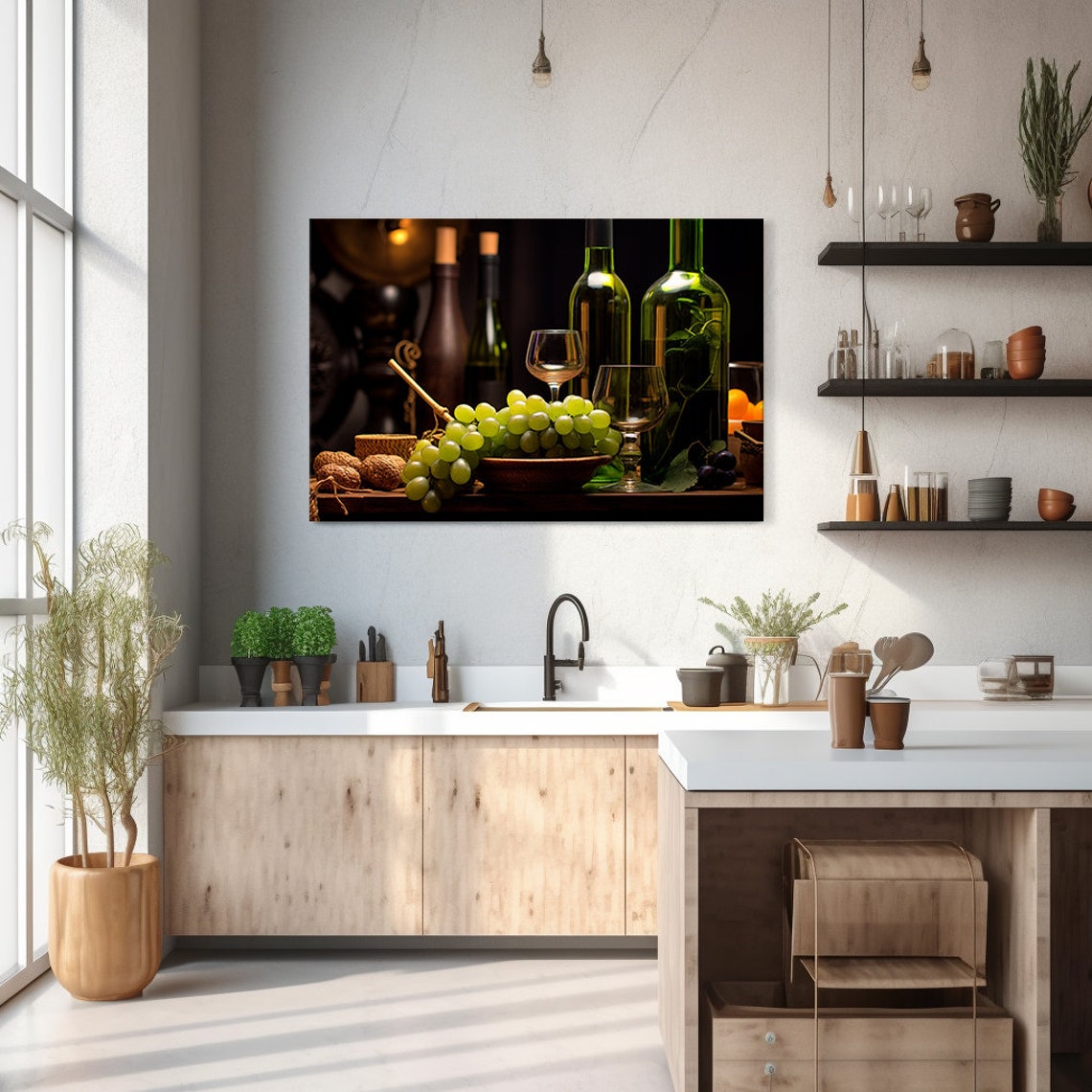 Wine Bottles Glasses And Green Grapes In Bowl Rustic Kitchen Wall Art - Image 2
