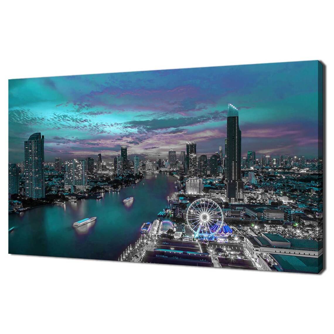 Bangkok Thailand Night Skyline Teal River Ferris Wheel City Poster