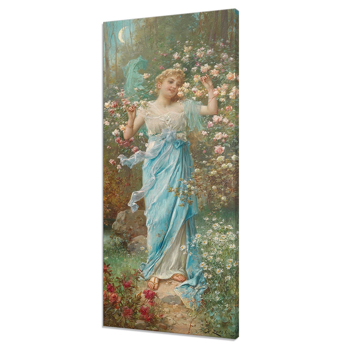 Hans Zatzka Flower Dance Moonlit Rose Garden Blue Gown Print