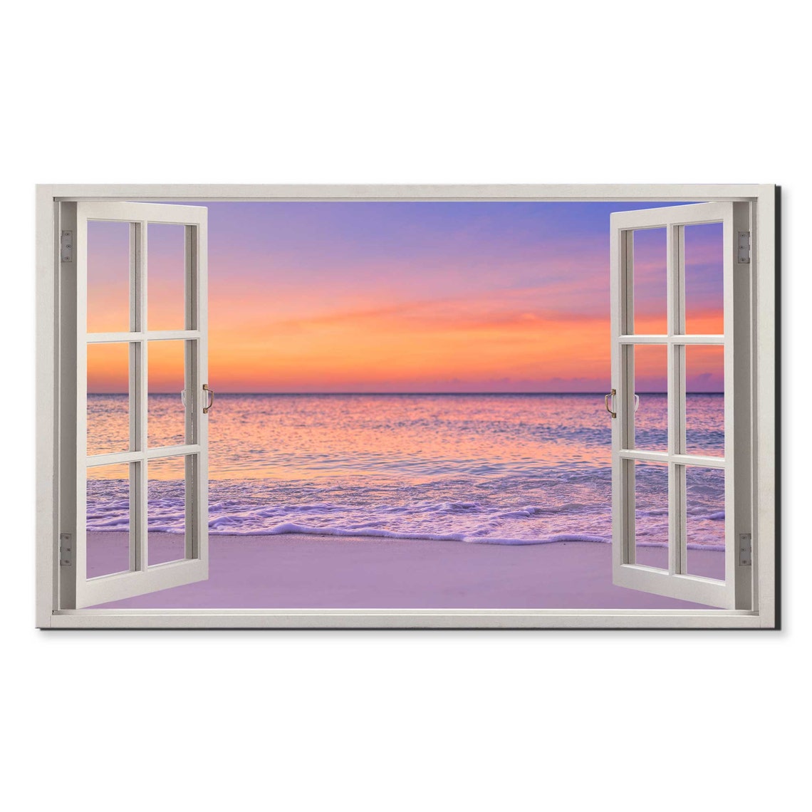 Purple Pink Sunset Ocean Waves Shore Open Window Frame Illusion Poster