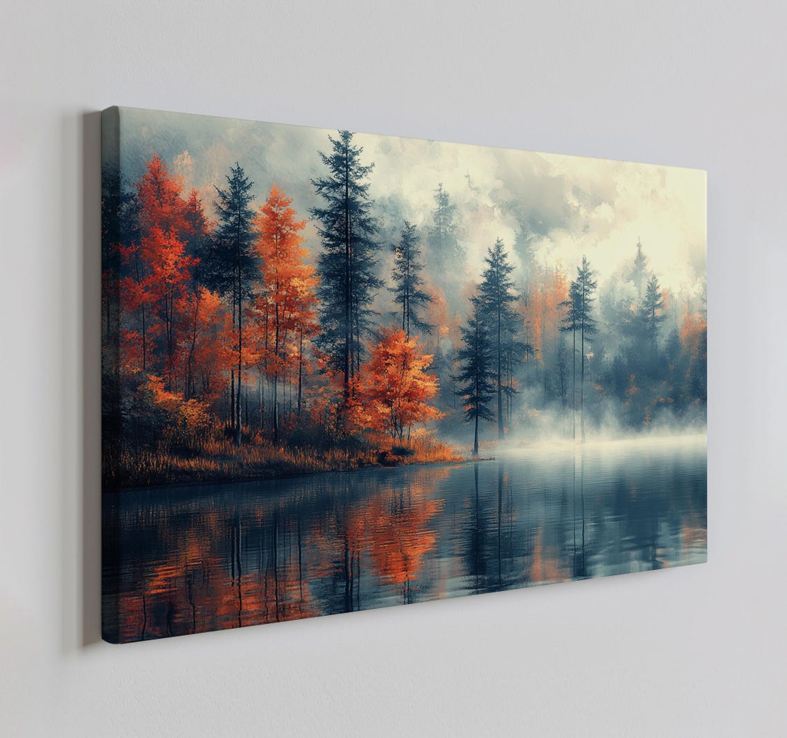 Autumn Pine Trees Foggy Forest Lake Vintage Painting Style Print Farmhouse Decor Art Nature Picture Wall Hanging Fine Art Print