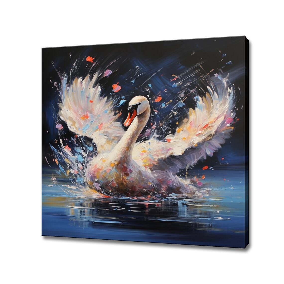 White Swan Wings Raised On Dark Water Moody Nightscape Lake Poster