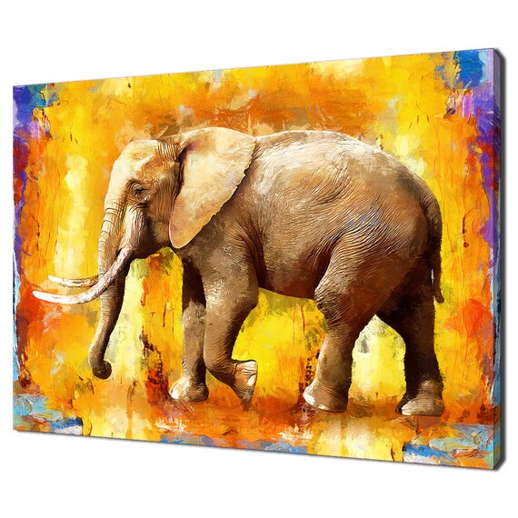 Colorful Elephant Orange Background Expressive Wildlife Pop Art Painting Poster