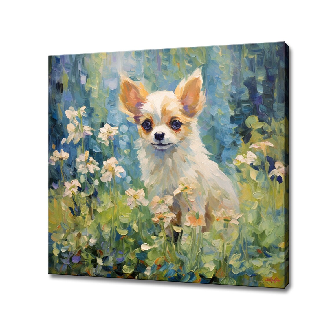 White Chihuahua Puppy In Wildflowers Painterly Cute Dog Art Poster