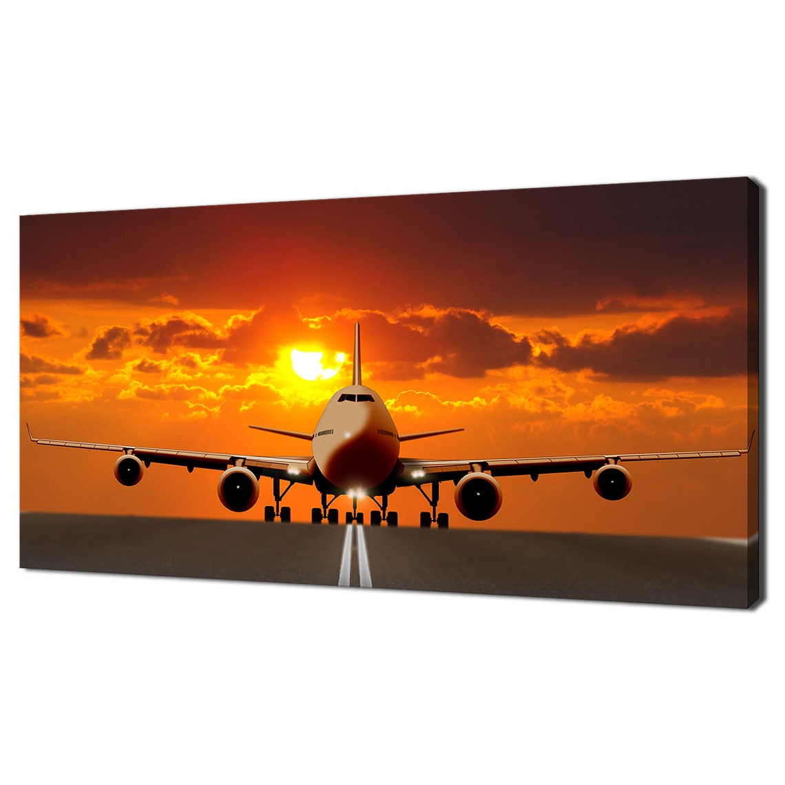 Plane On A Runway At Sunset Modern Design Decor Print Wall Art Picture