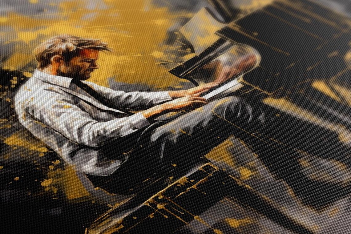 Pianist Playing Grand Piano Black Gold Painting Music Studio Art Poster - Image 3