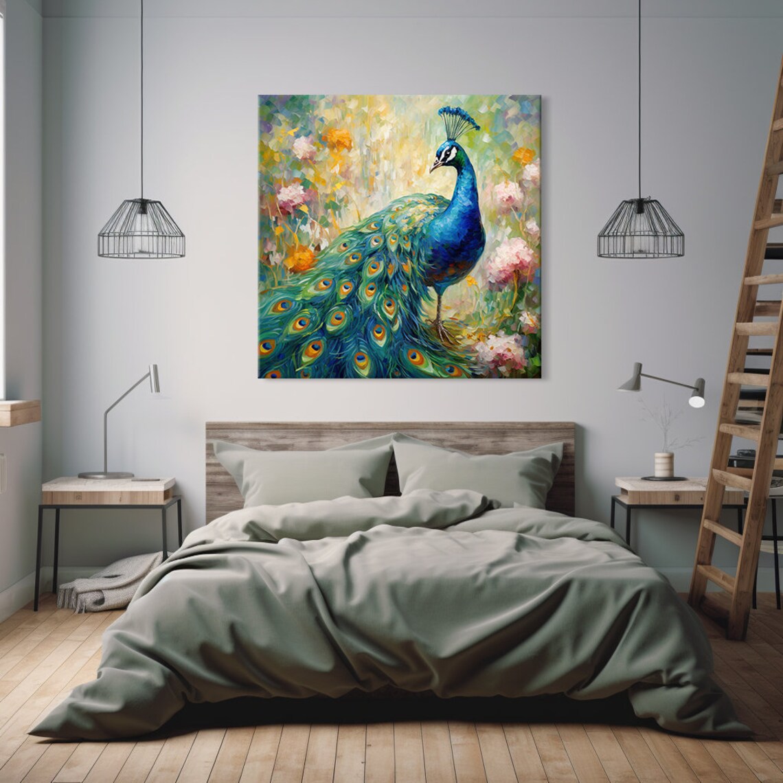 Peacock With Fanned Feather Tail Among Pink Blossoms Art Poster - Image 2