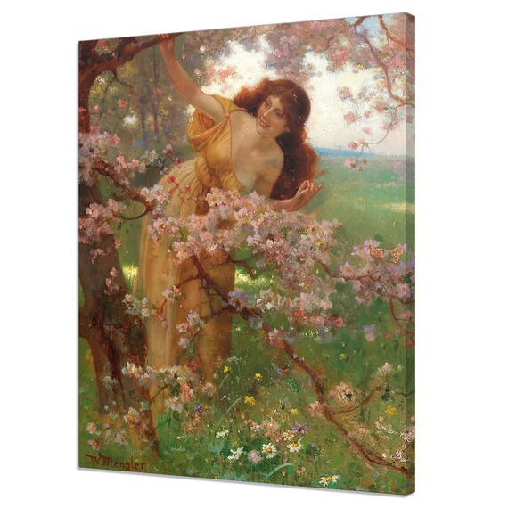 The Blossoming Tree In The Garden Wilhelm Menzler Classic Design Reproduction Vintage Oil Painting Print Antique Female Portrait