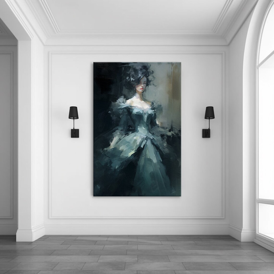 Elegant Lady In Blue Grey Victorian Baroque Puffy Dress Moody Wall Art - Image 3