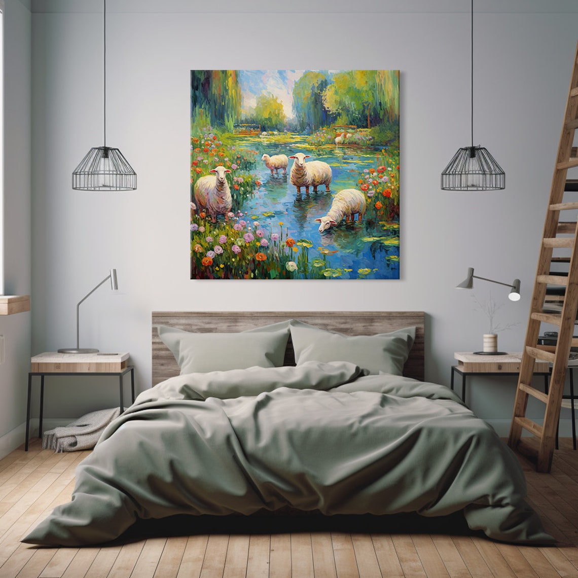 Sheep Wading In Flower Pond Impressionist Farm Animal Art Poster - Image 4
