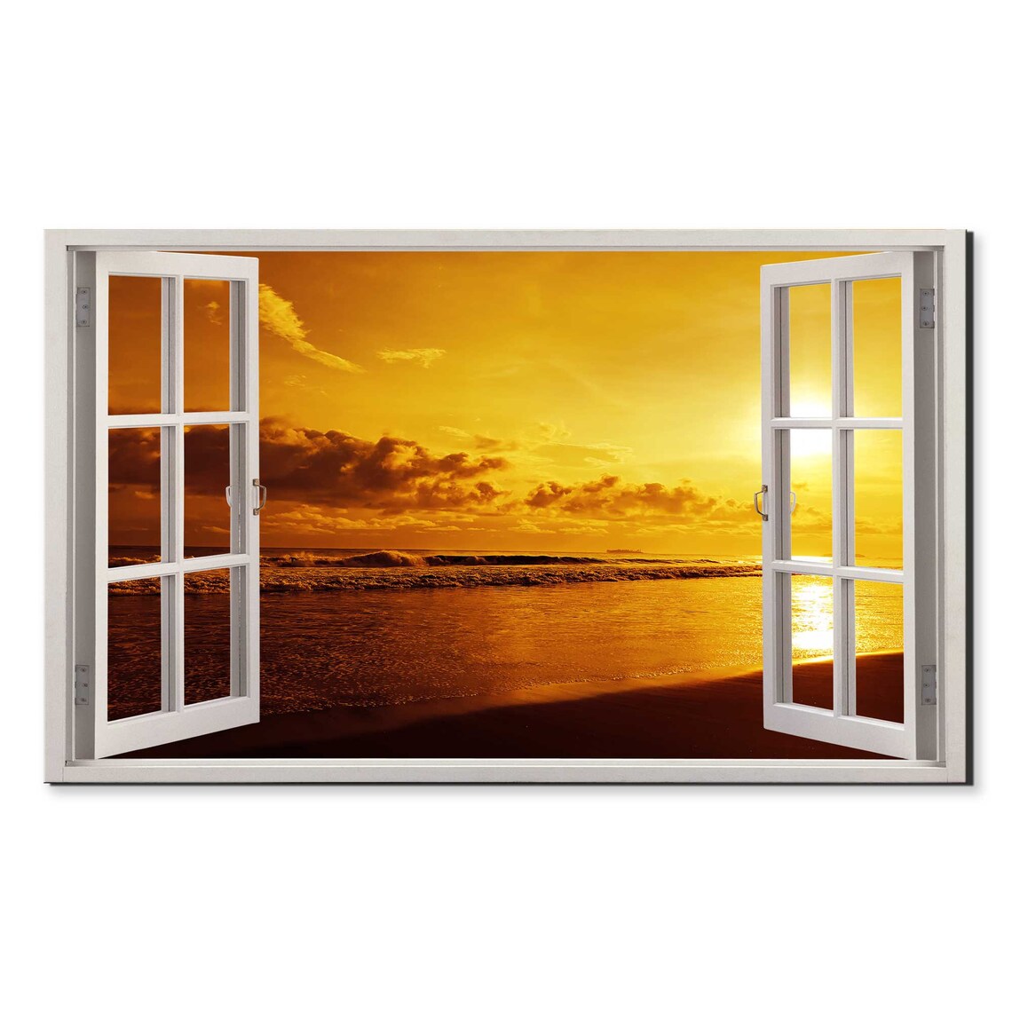 Golden Sunset Over Ocean Beach Through Open Window Seascape Poster