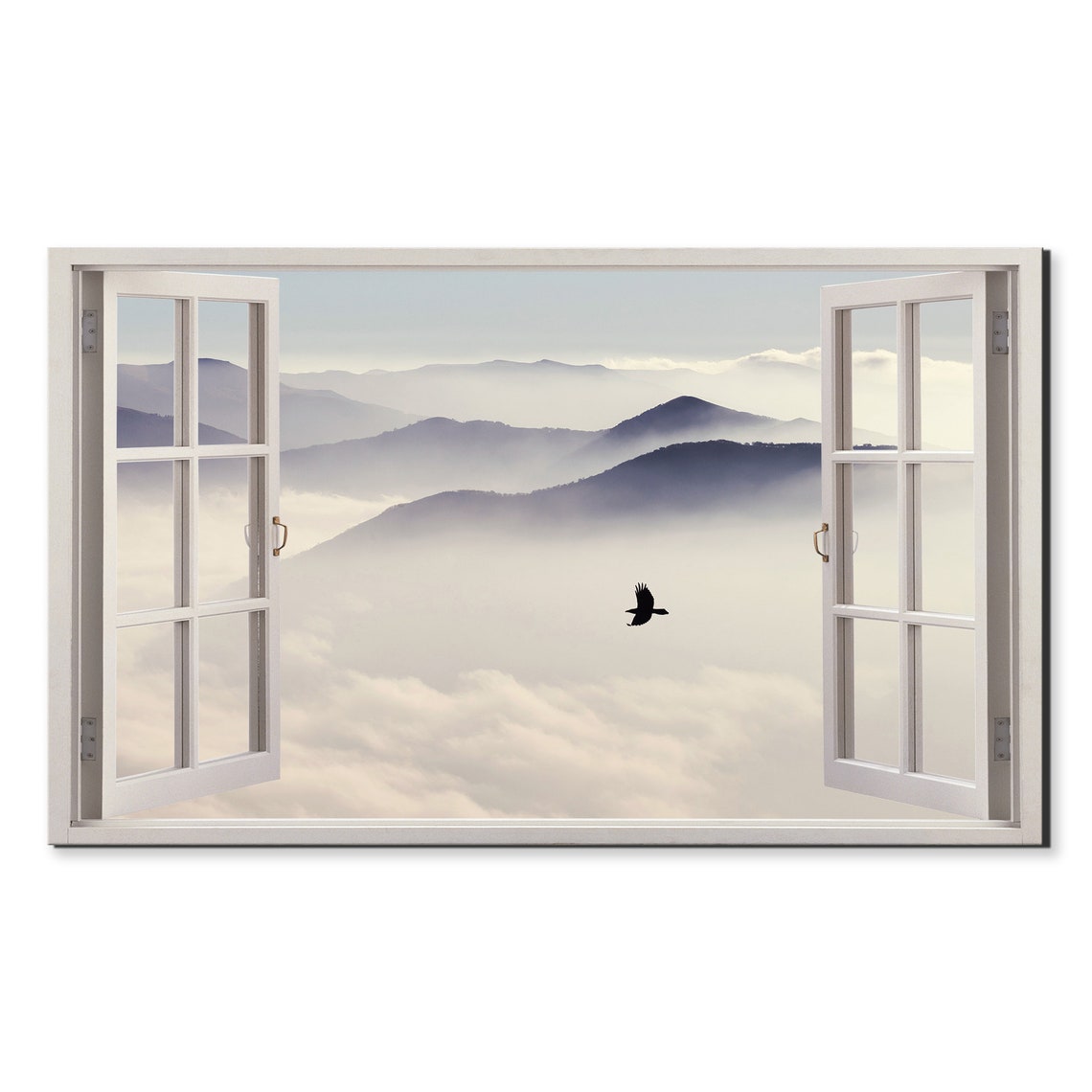 Bird Flying Above Misty Mountains Clouds Window View Calm Wall Poster