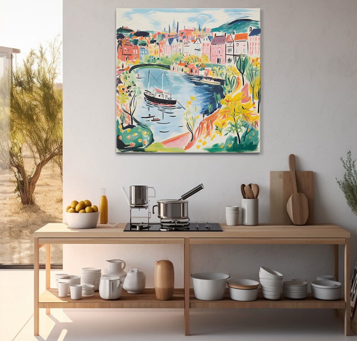 Colourful Riverside Harbour Town Boats Fauvist Style Painting Wall Art - Image 3