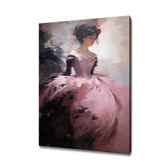 Elegant Lady In Pinnk Black Victorian Baroque Puffy Dress Painting Style Print Modern Home Decor Fashion Wall Art Gift For Her