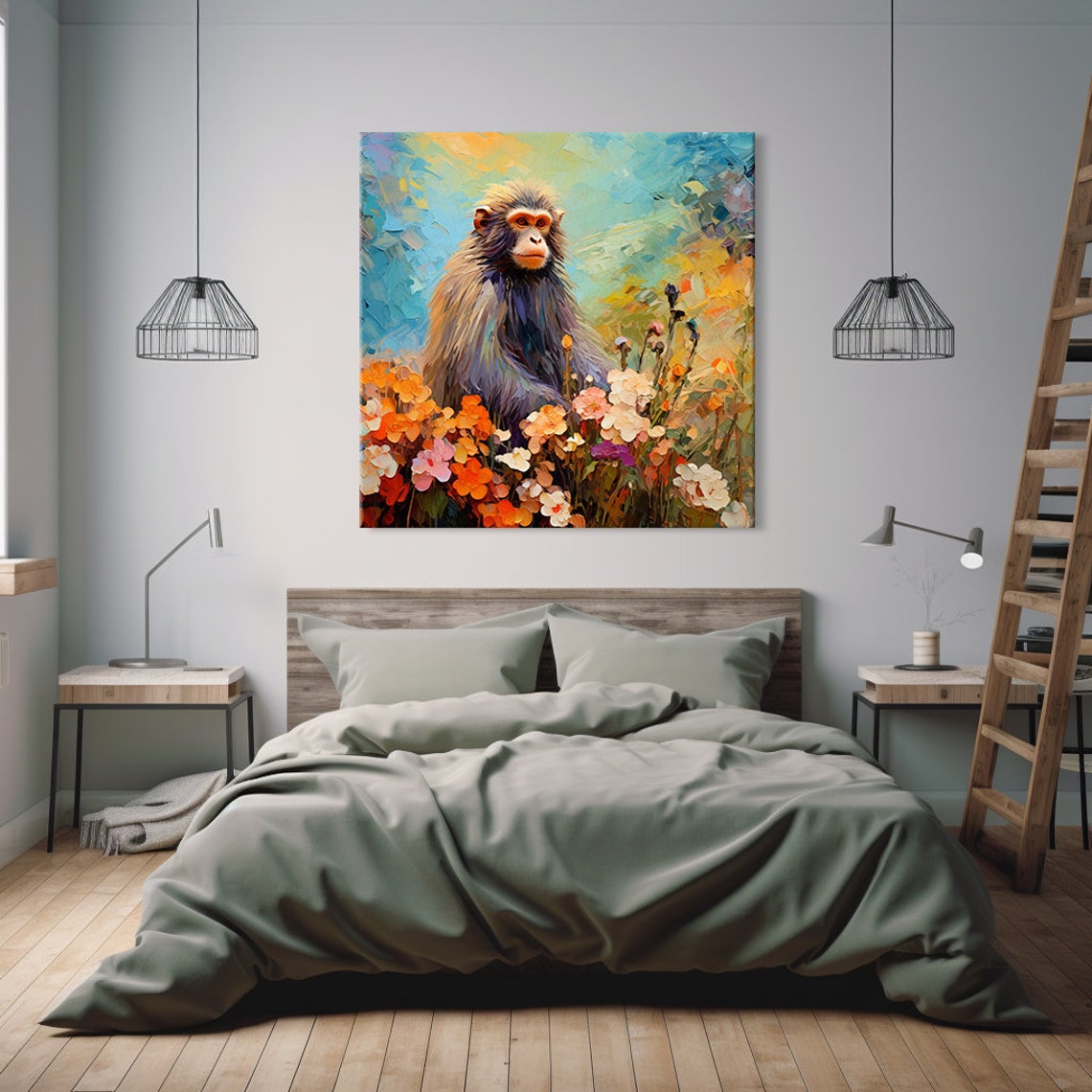 Shaggy Monkey Among Orange Blossoms Bright Turquoise Sky Poster - Image 2