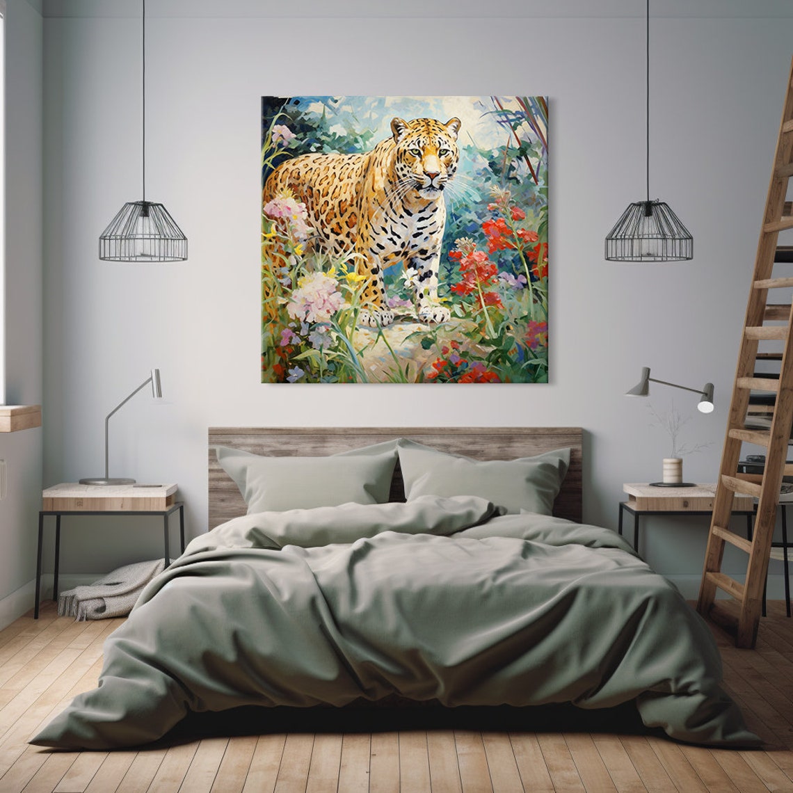 Leopard Jungle Wildflowers Standing Portrait Colourful Art Print - Image 2
