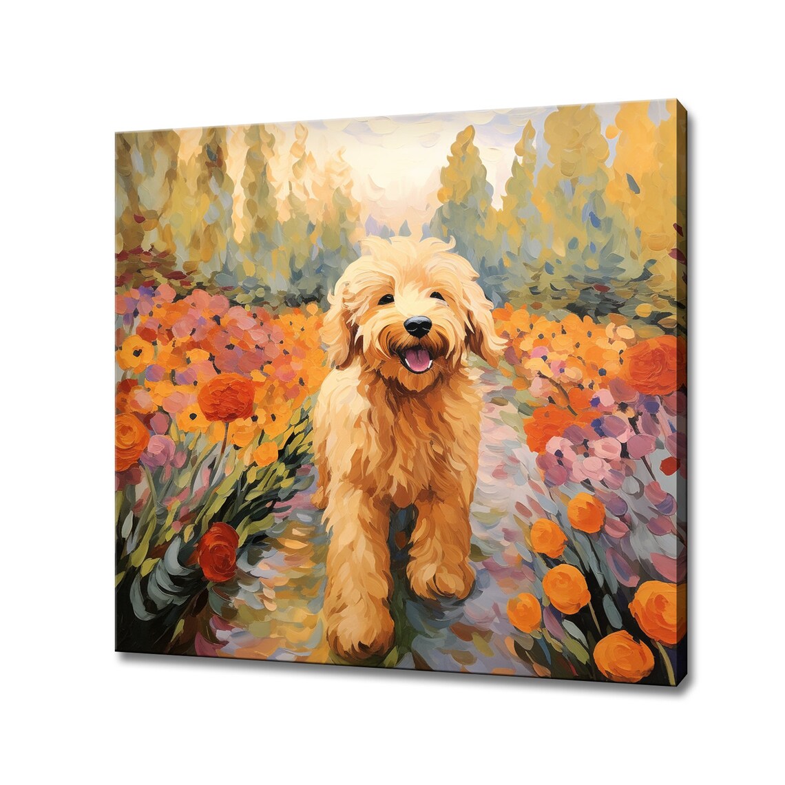 Fluffy Golden Doodle Puppy Garden Flowers Painting Wall Print