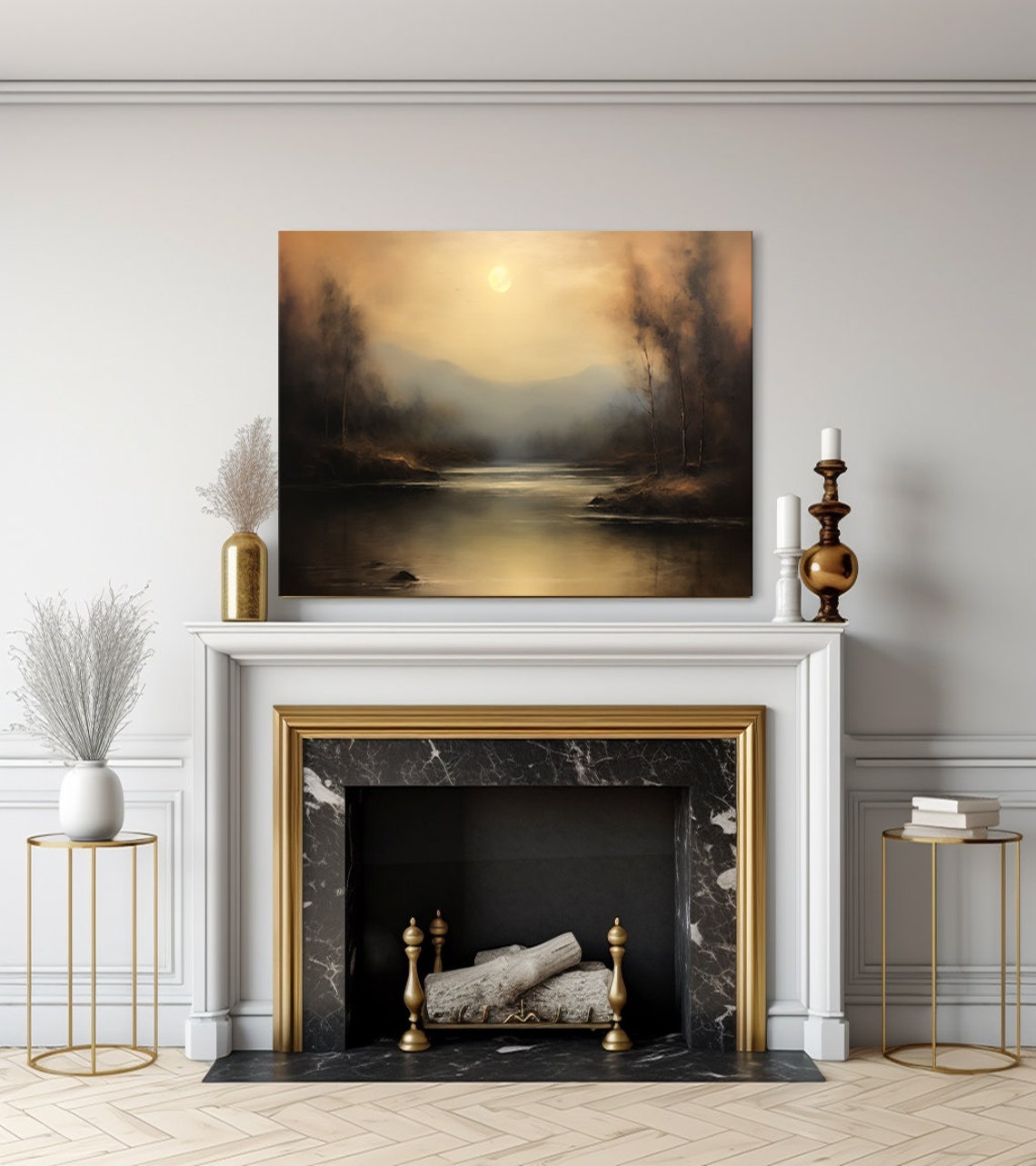 Golden Sunset Over Misty River With Birch Trees Moody Art Poster - Image 3