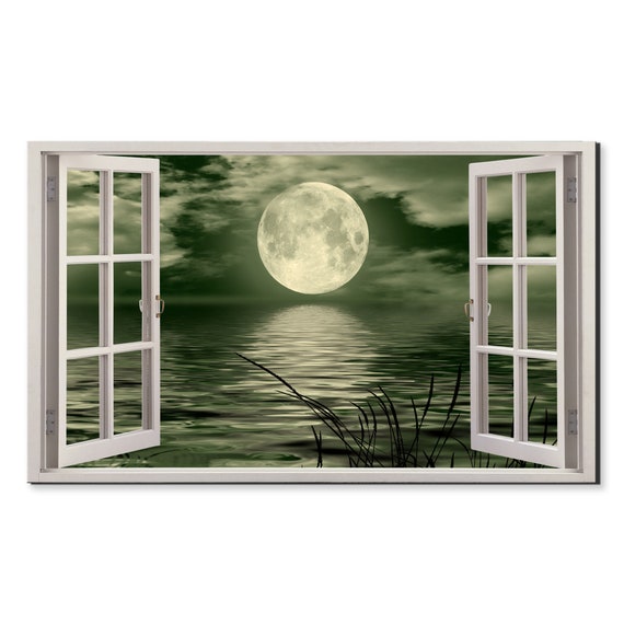 Green Full Moon Over Lake Window View Window Frame Style Modern Design Home Decor Print Wall Art Picture Ready To Hang