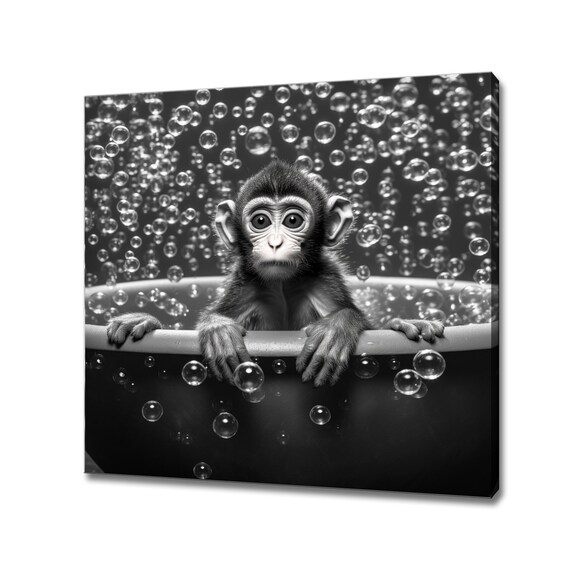 Baby Monkey Bubble Bath Black White Funny Nursery Bathroom Poster