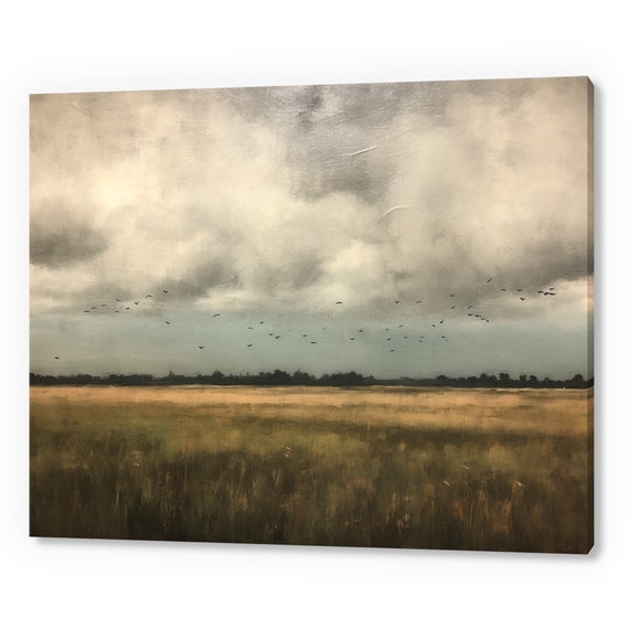 Vintage Stormy Sky Countryside Landscape Muted Moody Painting Style Print Farmhouse Decor Art Neutral Nature Picture Wall Hanging