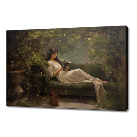 Woman In White Dress Reading On Garden Couch Ivy Vintage Art Poster