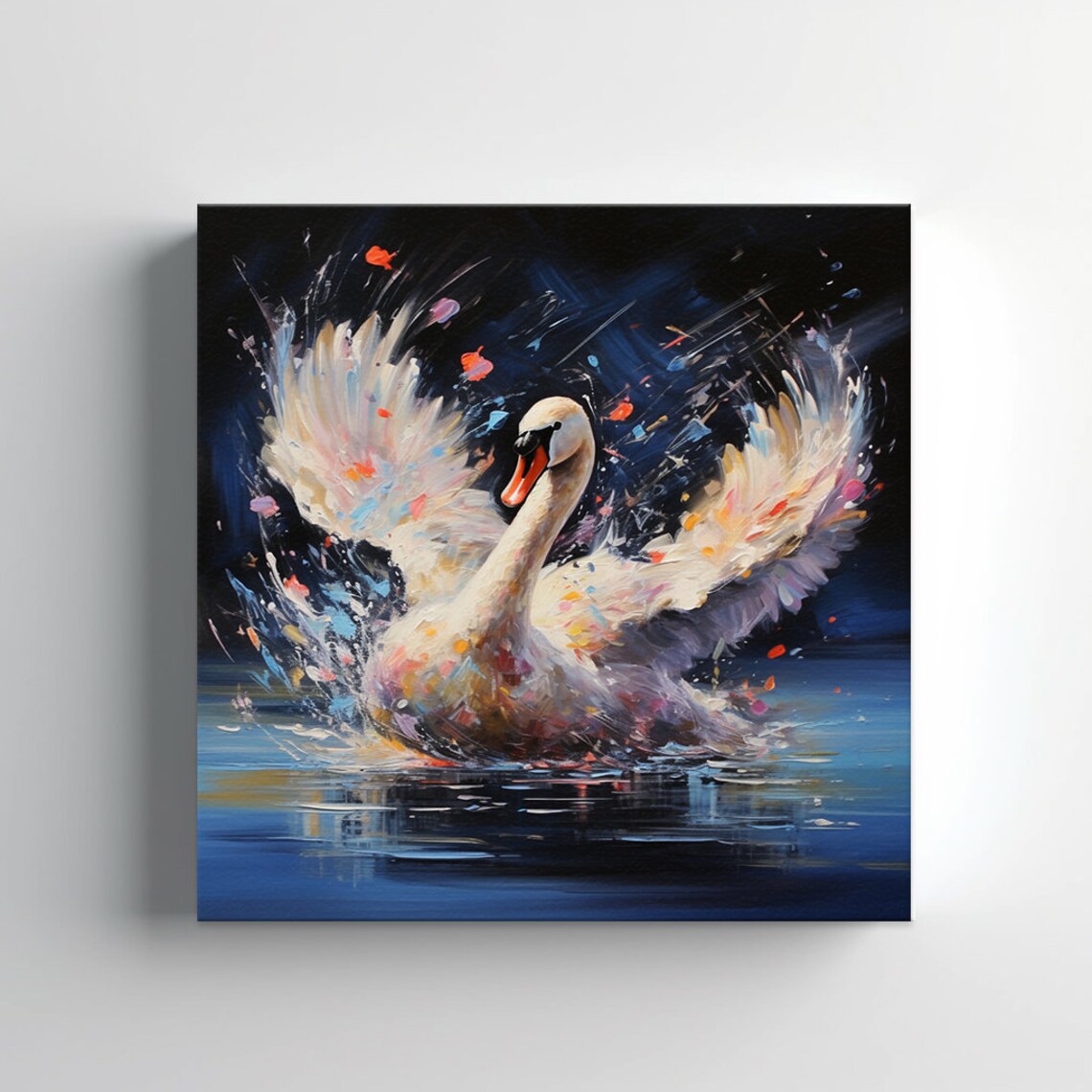 White Swan Wings Raised On Dark Water Moody Nightscape Lake Poster - Image 4