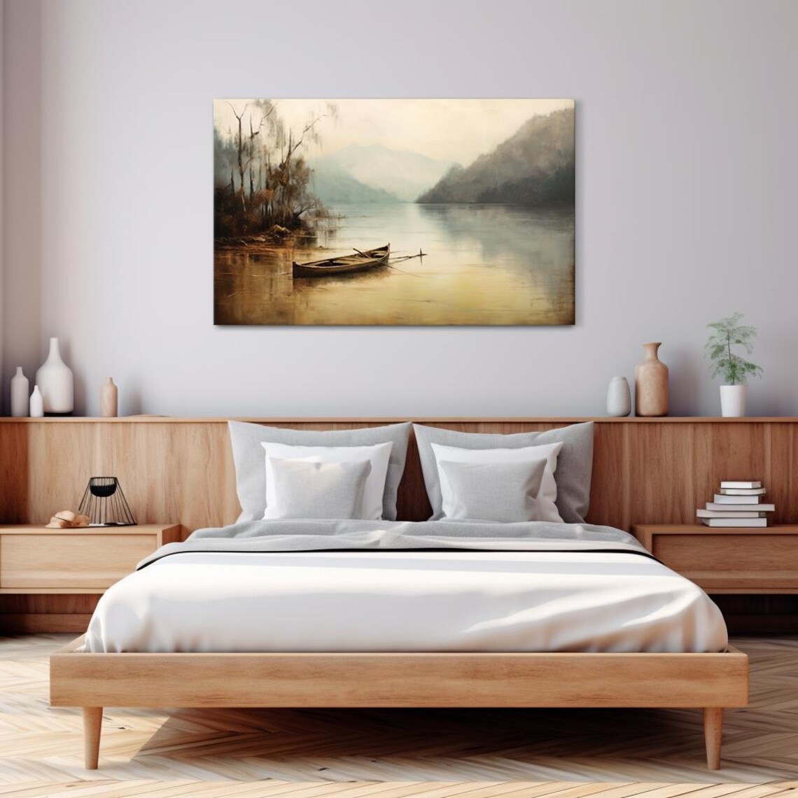 Lone Rowboat On Foggy Mountain Lake Serene Muted Vintage Poster - Image 3
