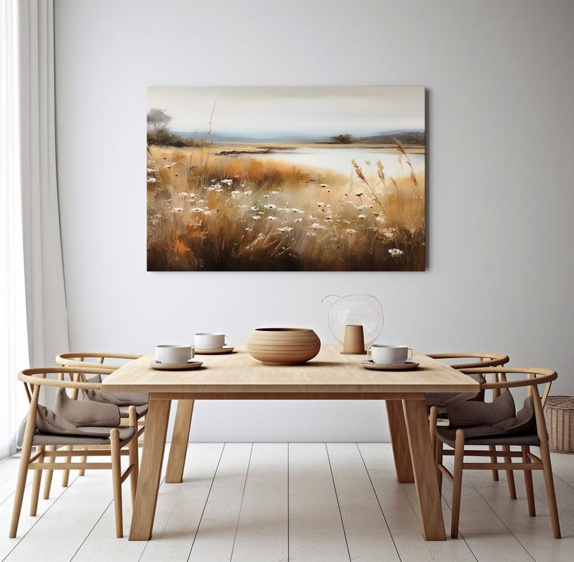 Flowers Field Meadow By The Lake Vintage Painting Style Print Farmhouse Decor Art Nature Picture Wall Hanging Fine Art Print - Image 3