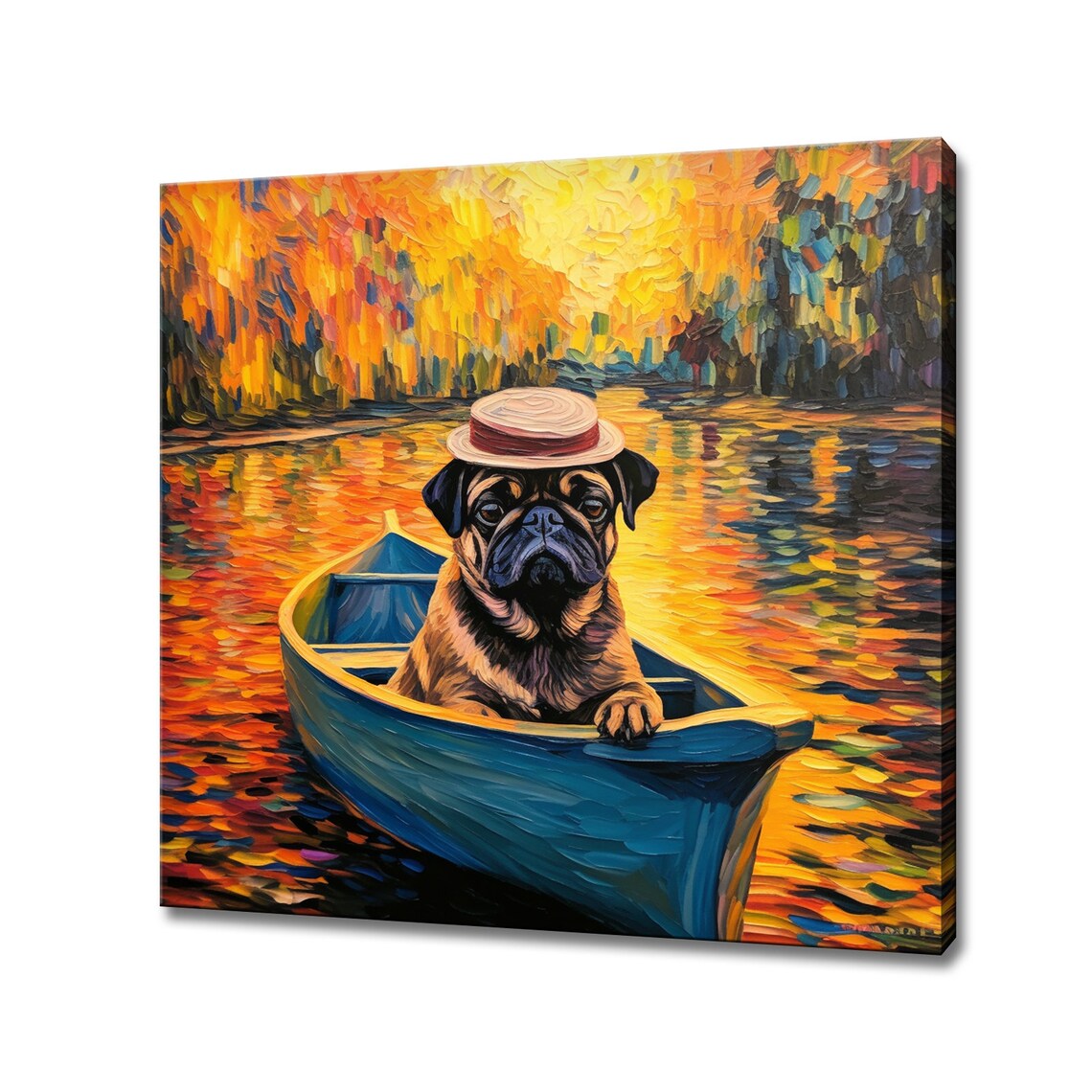 Pug Dog in a Boat on the River, Colorful Art Print