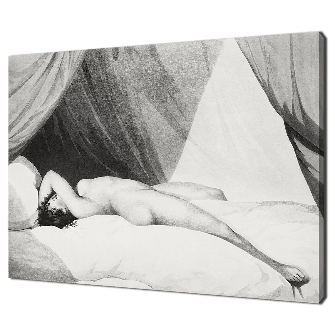 Nude Reclining on Curtained Bed Classical Sketch Style Art Print