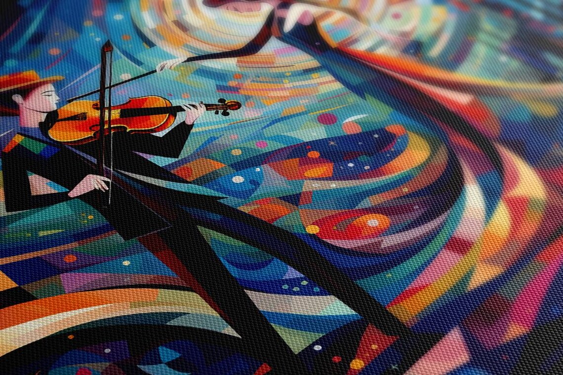 Violinist Musical Couple Colorful Abstract Night City Art Poster - Image 2