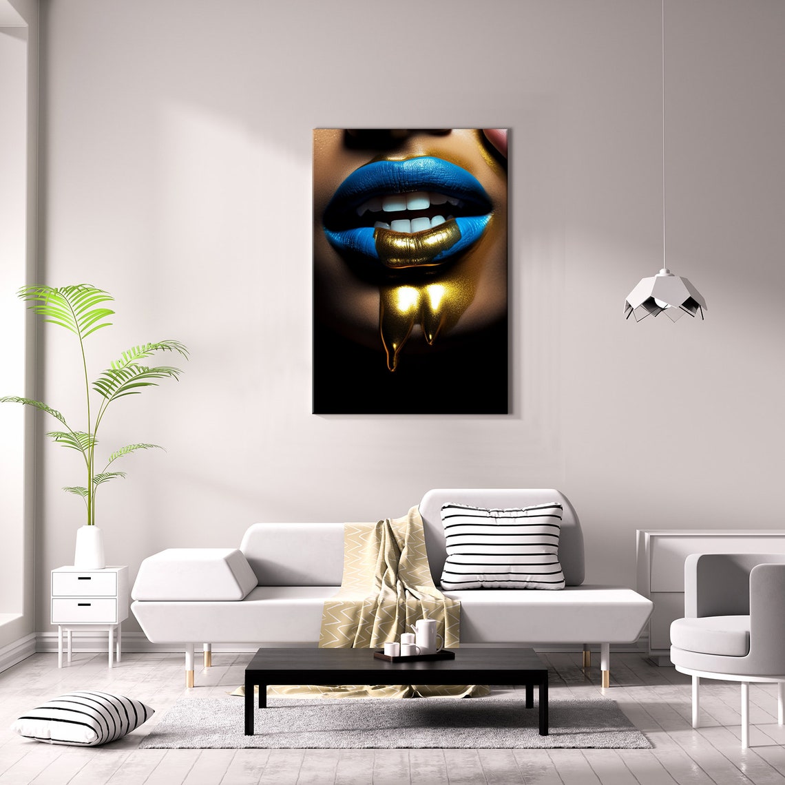 Blue Lips with Dripping Gold Makeup Avant Garde Beauty Art Wall Poster - Image 3