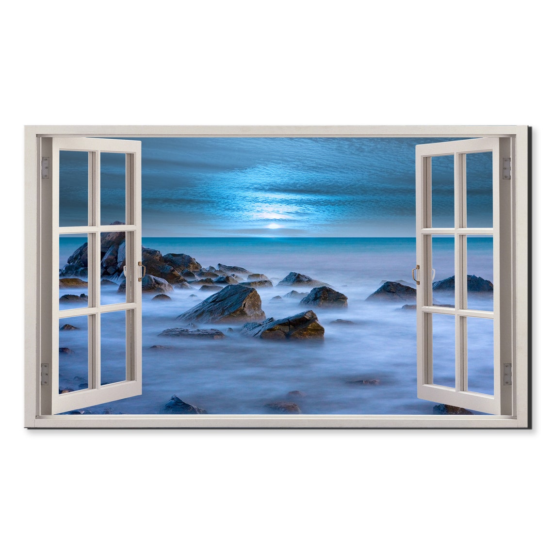 Rocky Ocean Coast at Dusk Blue Moonlit Waves Window View Poster