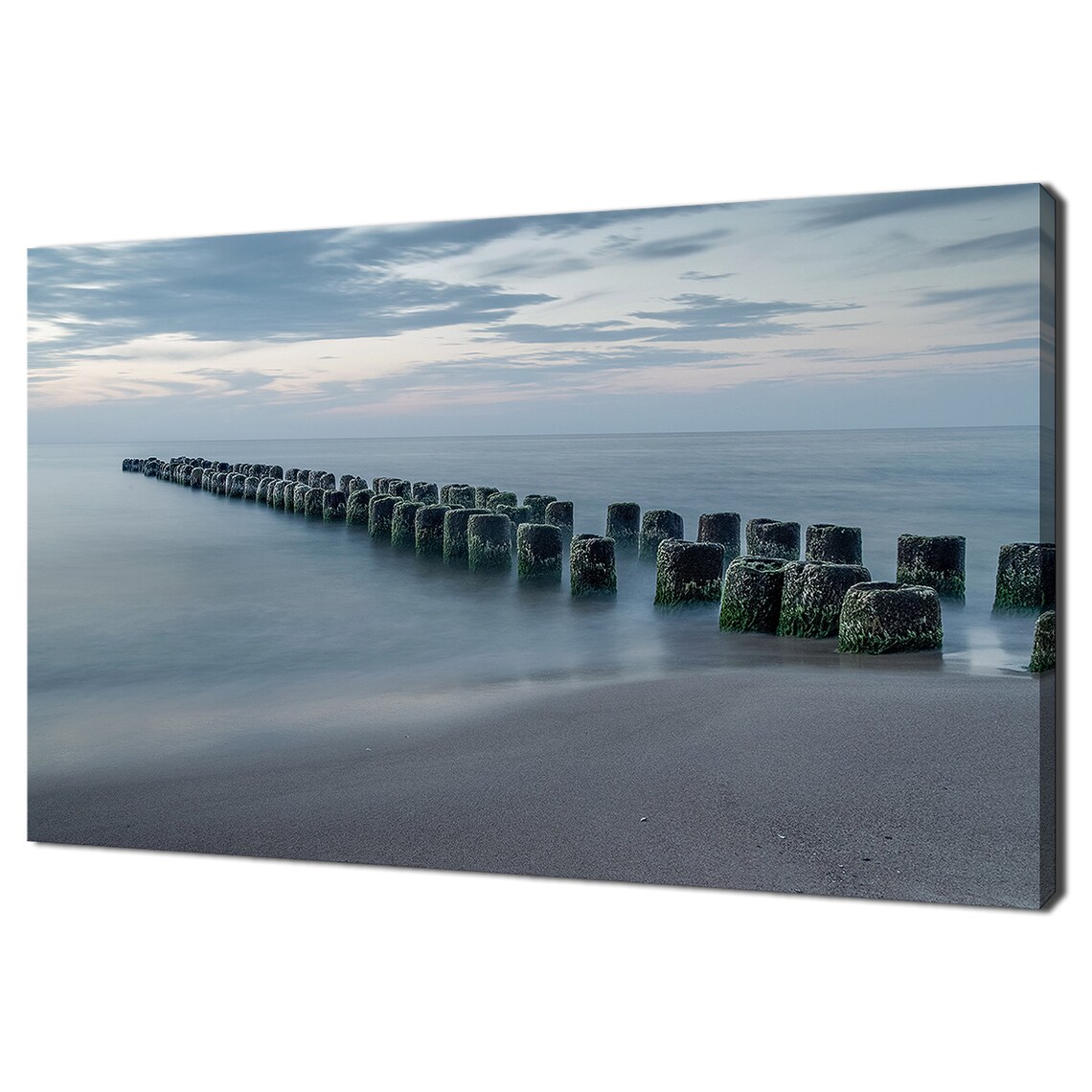Wooden Breakwaters In Calm Sea At Dusk Peaceful Blue Coastal Wall Art
