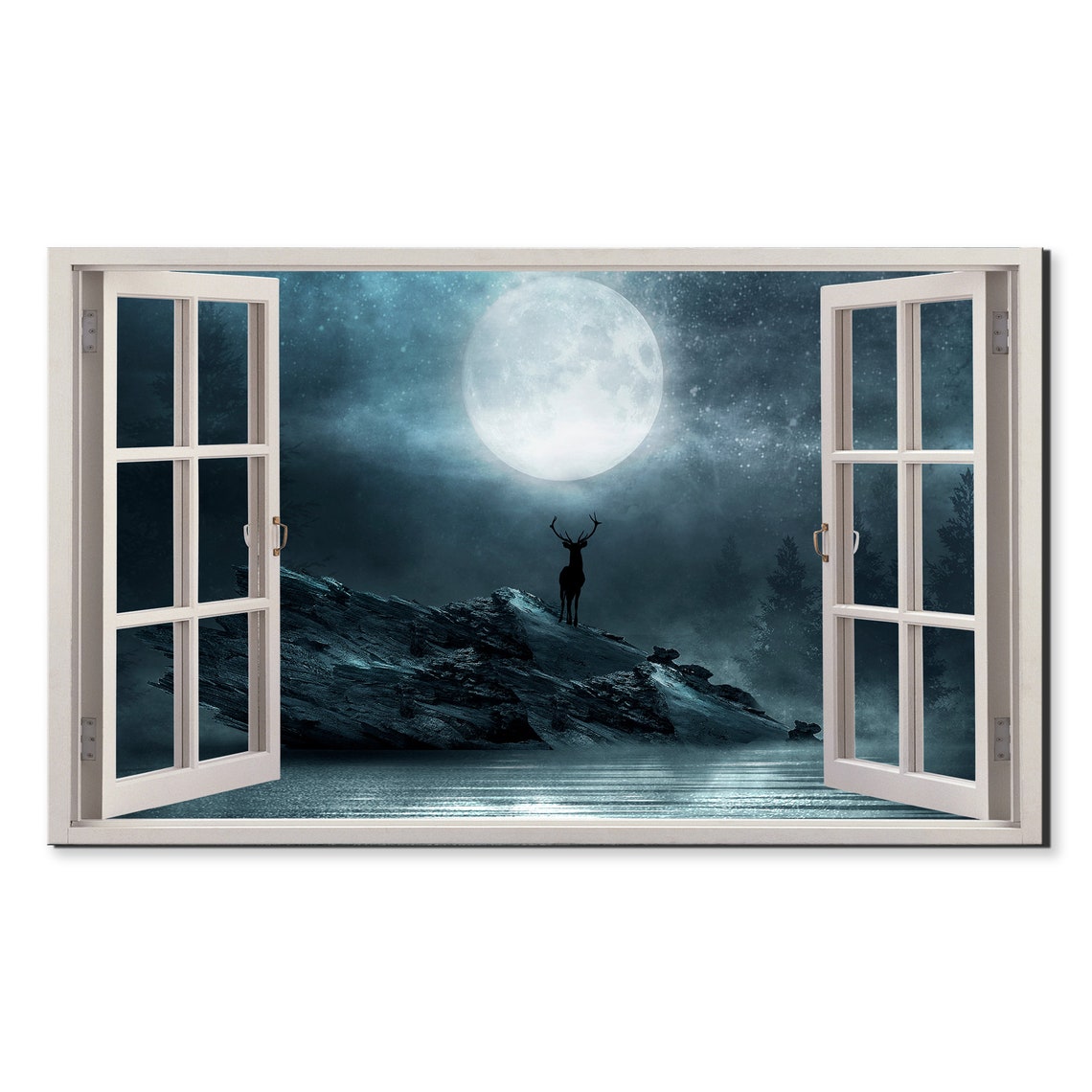 Deer Silhouette Under Full Moon Forest Night Window View Poster