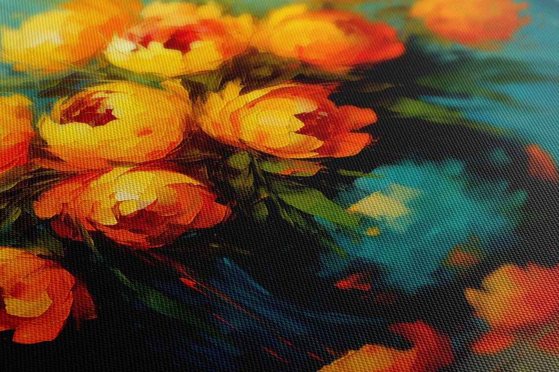Yellow Peony Bouquet Blue Vase Impasto Oil Painting Floral Poster - Image 3