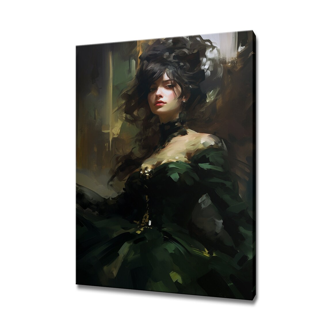Elegant Lady In Dark Green Baroque Ball Gown Moody Oil Painting Poster