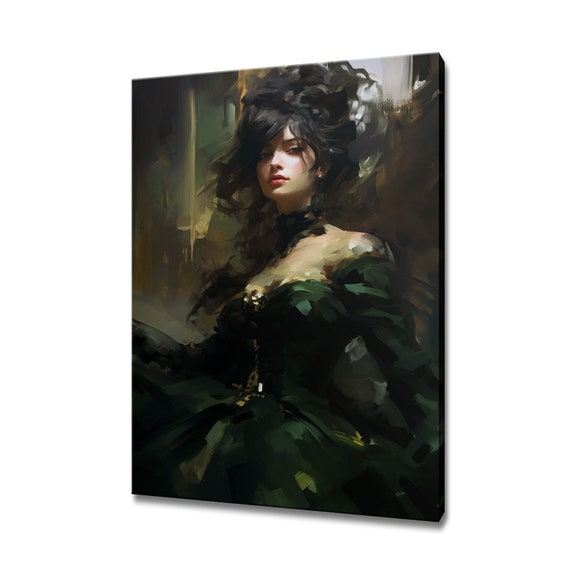 Elegant Lady In Dark Green Baroque Victorian Puffy Dress Painting Style Print Gift For Her Modern Home Decor Fashion Wall Art