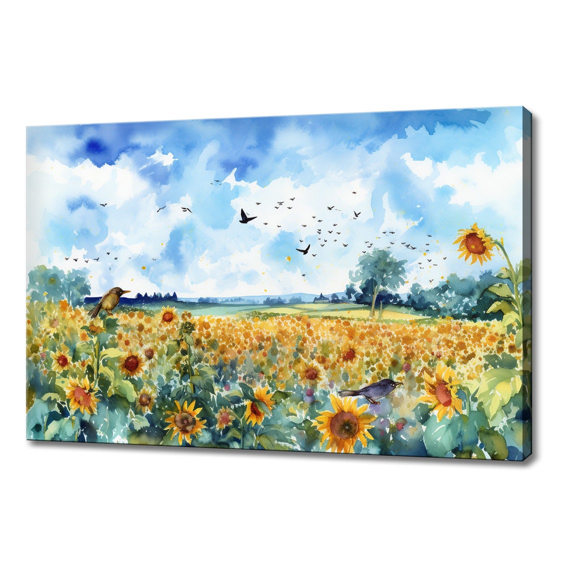 Sunflower Field Under Blue Sky Watercolor Birds Summer Meadow Poster