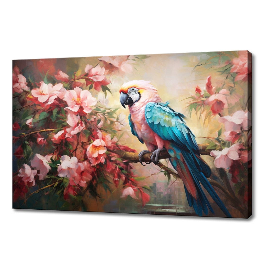 Pink Blue Macaw Parrot On Blossoming Cherry Tree Tropical Art Poster