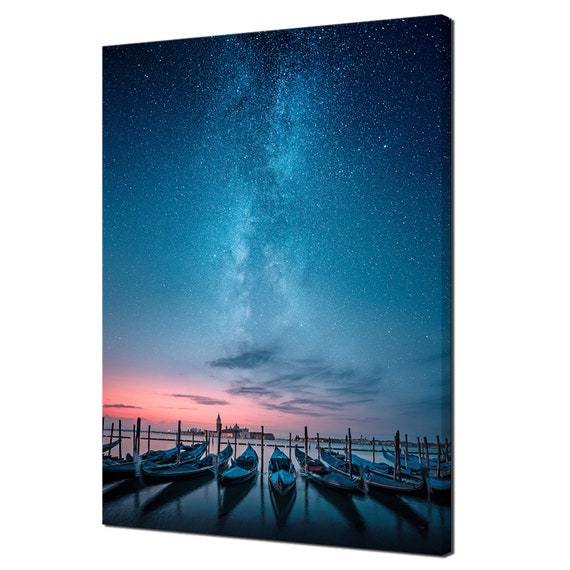 Beautiful Milky Way Stars Over The Lake Gondolas In A Row Modern Design Decor Print Wall Art Picture