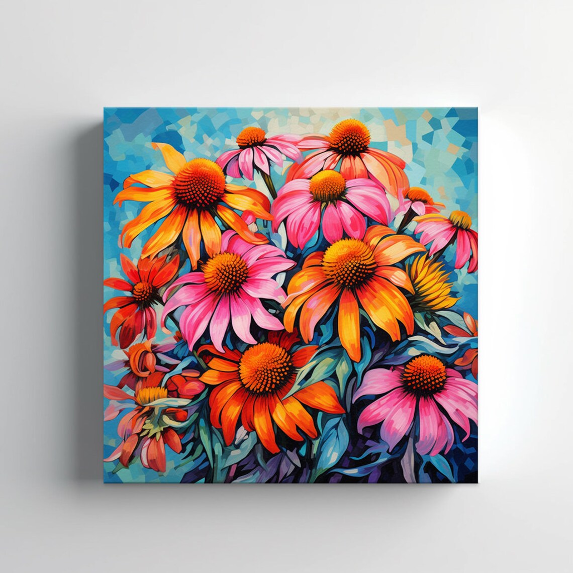 Pink Orange Bouquet Of Coneflower Flowers Oil Painting Style Print Wall Art Modern Floral Design Home Decor Flowers Wall Art - Image 2